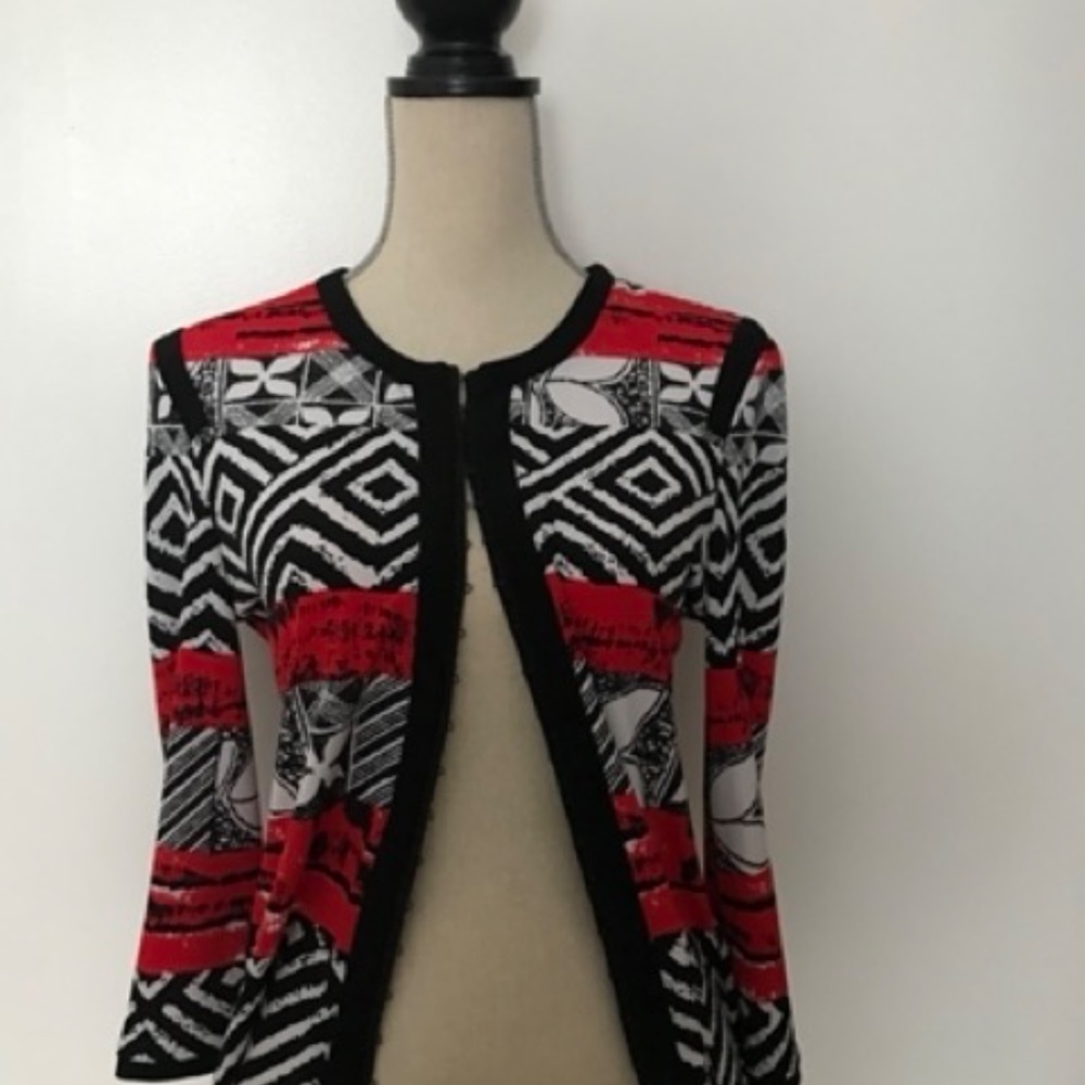 Joseph Ribkoff Red Geometric Zip-Front Cardigan Jacket - Picture 2 of 5